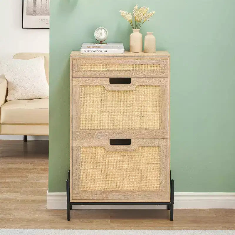 Natural Rattan Shoe Cabinet with 2 Flip Doors, Adjustable Shelves & Metal Legs — Slim Entryway Organizer