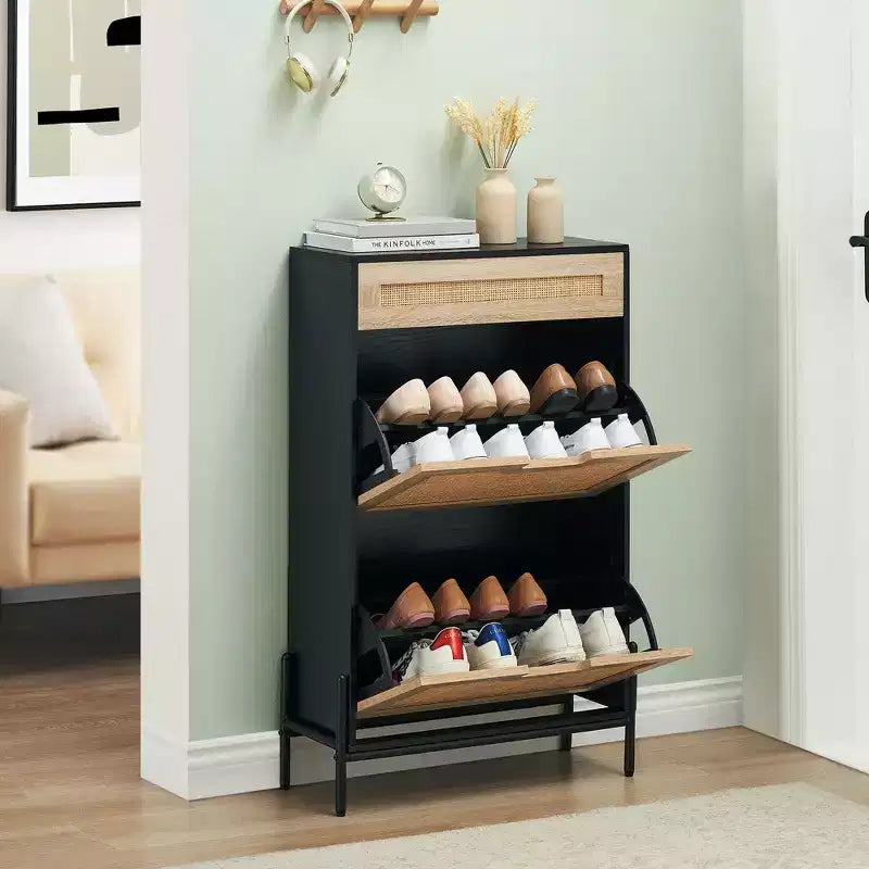 Natural Rattan Shoe Cabinet with 2 Flip Doors, Adjustable Shelves & Metal Legs — Slim Entryway Organizer