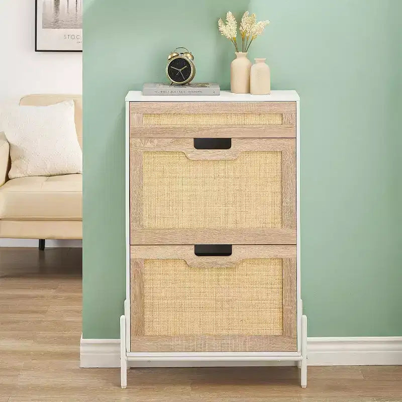 Natural Rattan Shoe Cabinet with 2 Flip Doors, Adjustable Shelves & Metal Legs — Slim Entryway Organizer