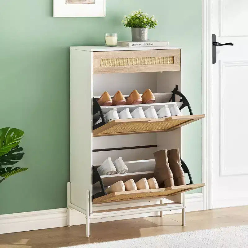 Natural Rattan Shoe Cabinet with 2 Flip Doors, Adjustable Shelves & Metal Legs — Slim Entryway Organizer