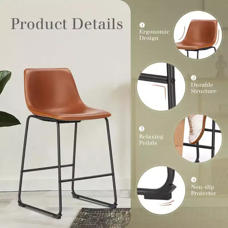 Adjustable Height Armless Barstool with Ergonomic Backrest & Footrest — PU Leather