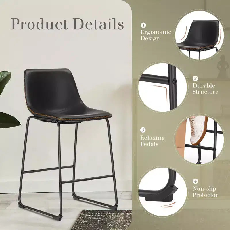 Adjustable Height Armless Barstool with Ergonomic Backrest & Footrest — PU Leather