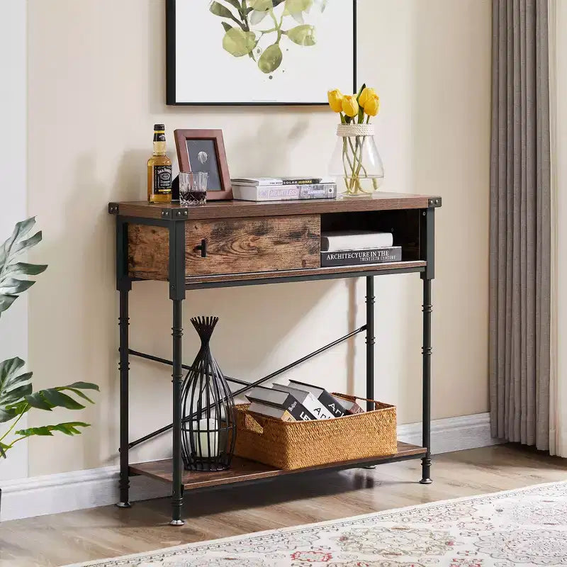 VECELO Vintage Console Side Table with Drawer, Hallway Foyer Table with Rectangle Shelves, 31.5 in. H Sofa Table, Brown