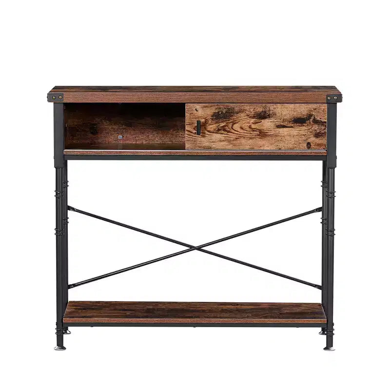 Vintage Industrial Console Side Table with Drawer & Rectangle Shelves — 31.5"H, Brown
