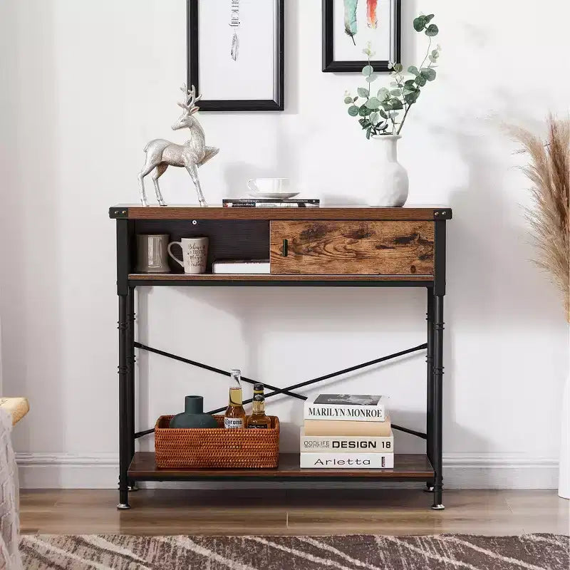 Vintage Industrial Console Side Table with Drawer & Rectangle Shelves — 31.5"H, Brown