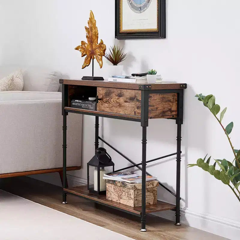 Vintage Industrial Console Side Table with Drawer & Rectangle Shelves — 31.5"H, Brown