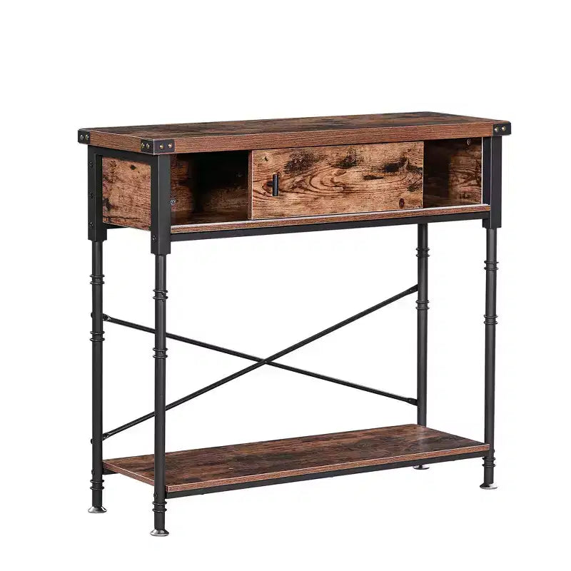 Vintage Industrial Console Side Table with Drawer & Rectangle Shelves — 31.5"H, Brown