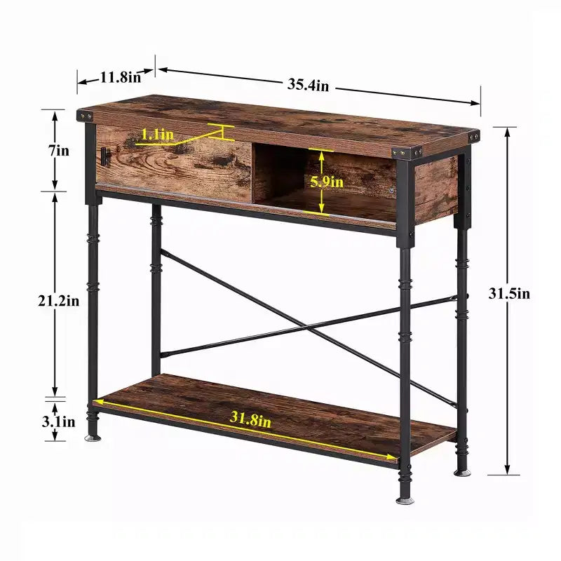 Vintage Industrial Console Side Table with Drawer & Rectangle Shelves — 31.5"H, Brown