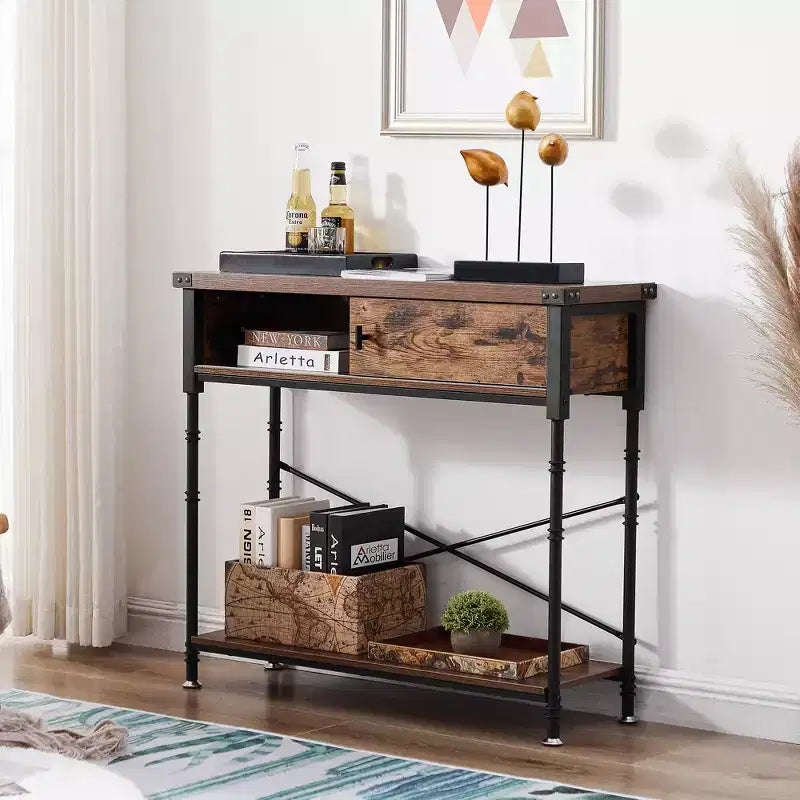 Vintage Industrial Console Side Table with Drawer & Rectangle Shelves — 31.5"H, Brown