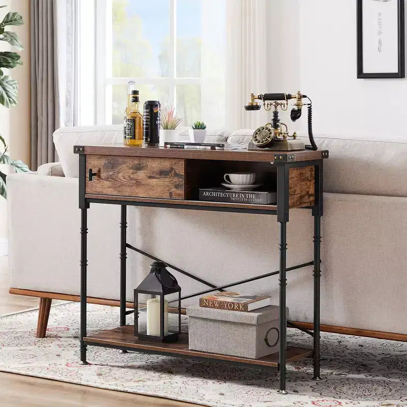 Vintage Industrial Console Side Table with Drawer & Rectangle Shelves — 31.5"H, Brown