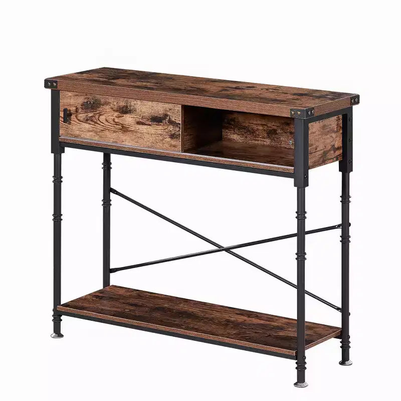 Vintage Industrial Console Side Table with Drawer & Rectangle Shelves — 31.5"H, Brown
