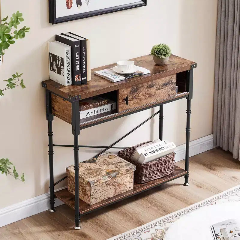 Vintage Industrial Console Side Table with Drawer & Rectangle Shelves — 31.5"H, Brown