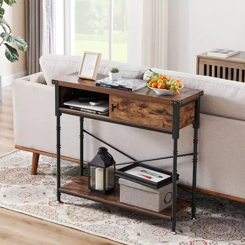 Vintage Industrial Console Side Table with Drawer & Rectangle Shelves — 31.5"H, Brown
