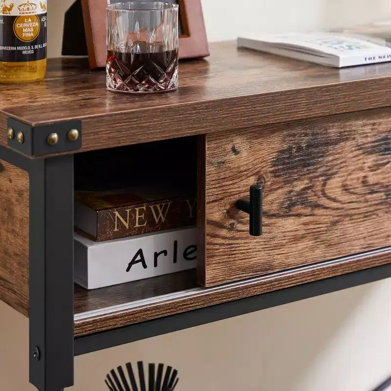 Vintage Industrial Console Side Table with Drawer & Rectangle Shelves — 31.5"H, Brown