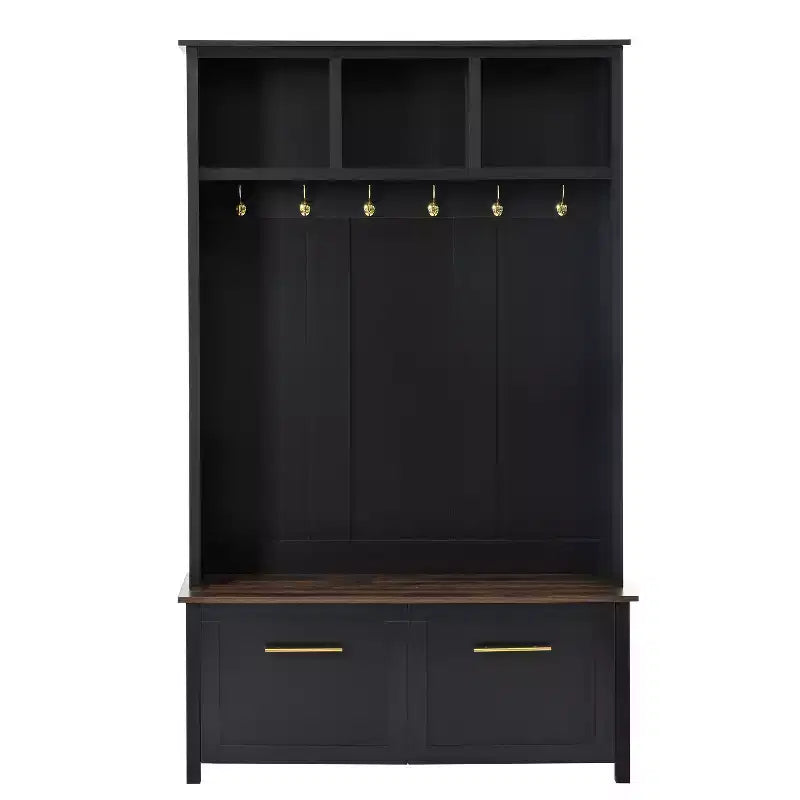 4-in-1 Hall Tree with 6 Gold Hooks, Wood Grain Bench & Shoe Cabinet Storage