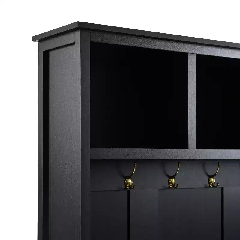 4-in-1 Hall Tree with 6 Gold Hooks, Wood Grain Bench & Shoe Cabinet Storage