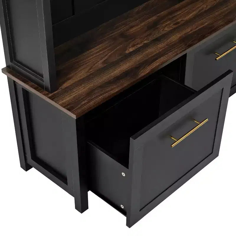 4-in-1 Hall Tree with 6 Gold Hooks, Wood Grain Bench & Shoe Cabinet Storage