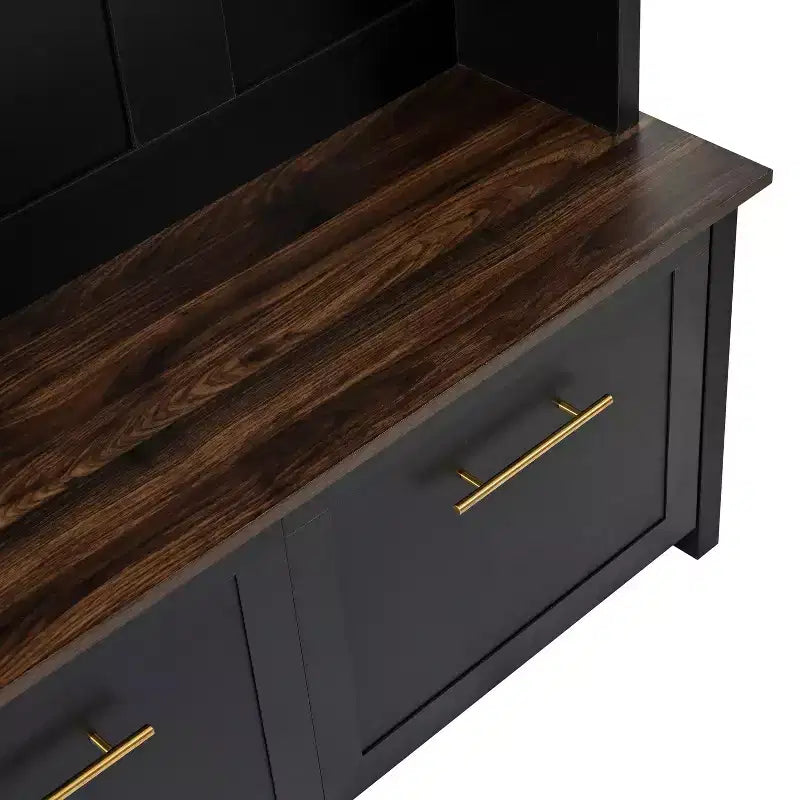 4-in-1 Hall Tree with 6 Gold Hooks, Wood Grain Bench & Shoe Cabinet Storage