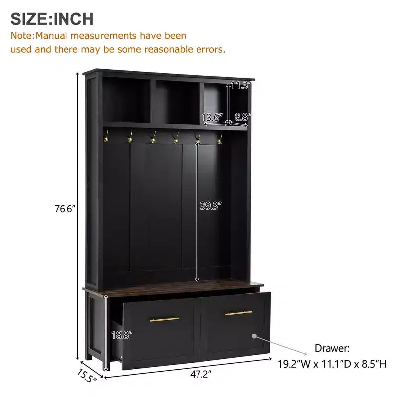 4-in-1 Hall Tree with 6 Gold Hooks, Wood Grain Bench & Shoe Cabinet Storage