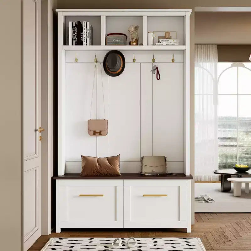 4-in-1 Hall Tree with 6 Gold Hooks, Wood Grain Bench & Shoe Cabinet Storage