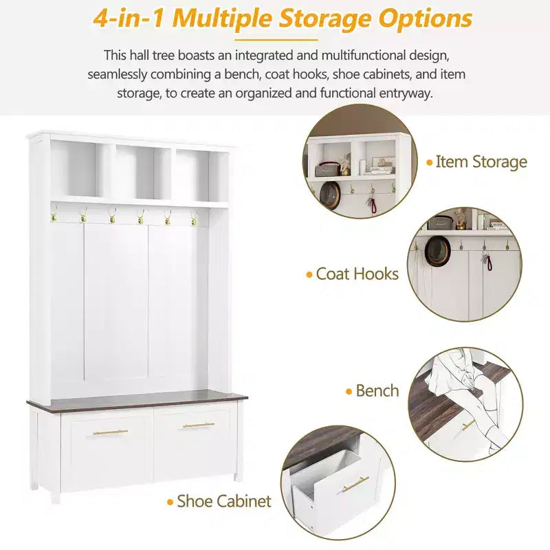4-in-1 Hall Tree with 6 Gold Hooks, Wood Grain Bench & Shoe Cabinet Storage
