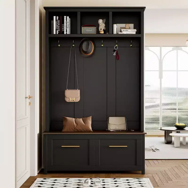 4-in-1 Hall Tree with 6 Gold Hooks, Wood Grain Bench & Shoe Cabinet Storage