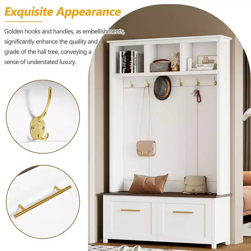 4-in-1 Hall Tree with 6 Gold Hooks, Wood Grain Bench & Shoe Cabinet Storage