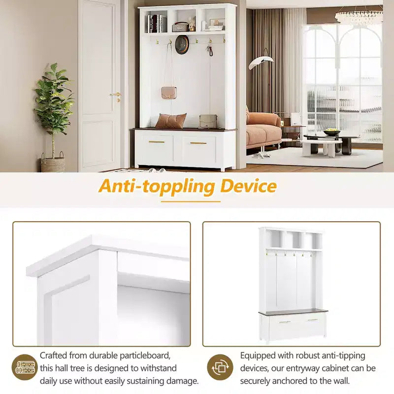 4-in-1 Hall Tree with 6 Gold Hooks, Wood Grain Bench & Shoe Cabinet Storage
