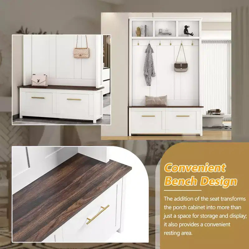 4-in-1 Hall Tree with 6 Gold Hooks, Wood Grain Bench & Shoe Cabinet Storage