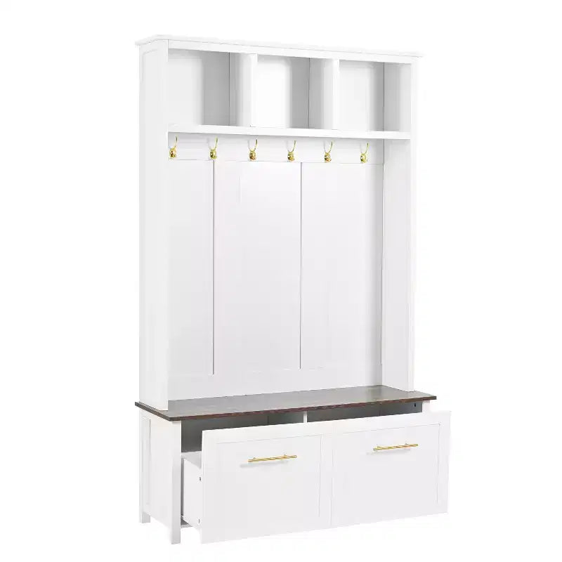 4-in-1 Hall Tree with 6 Gold Hooks, Wood Grain Bench & Shoe Cabinet Storage