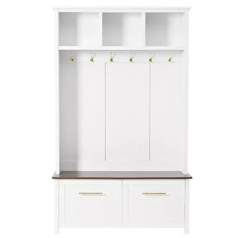 4-in-1 Hall Tree with 6 Gold Hooks, Wood Grain Bench & Shoe Cabinet Storage