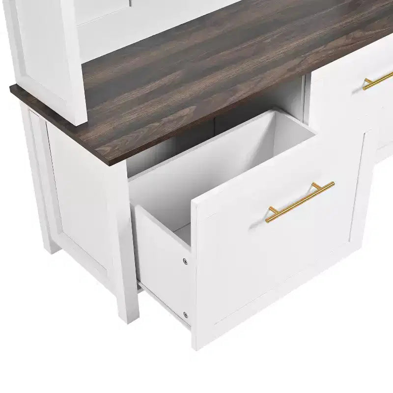4-in-1 Hall Tree with 6 Gold Hooks, Wood Grain Bench & Shoe Cabinet Storage