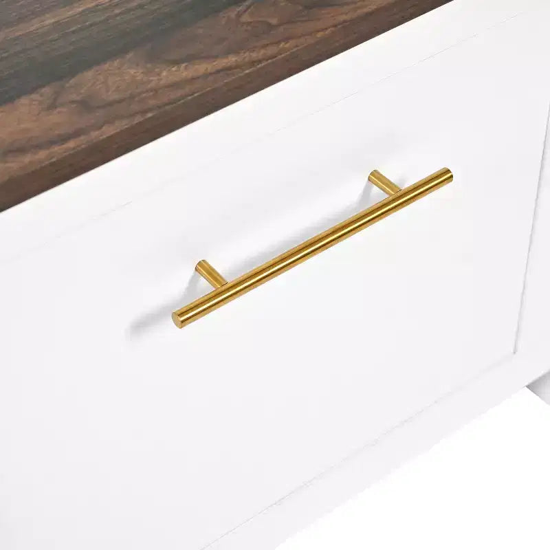 4-in-1 Hall Tree with 6 Gold Hooks, Wood Grain Bench & Shoe Cabinet Storage