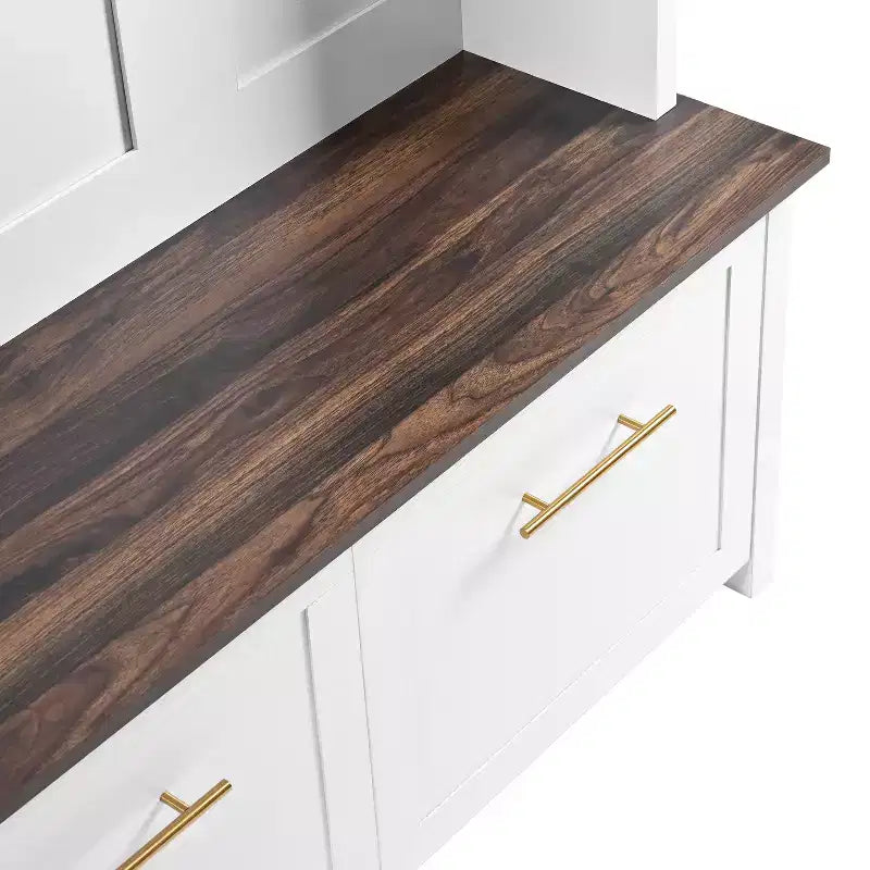 4-in-1 Hall Tree with 6 Gold Hooks, Wood Grain Bench & Shoe Cabinet Storage
