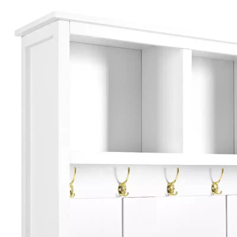 4-in-1 Hall Tree with 6 Gold Hooks, Wood Grain Bench & Shoe Cabinet Storage