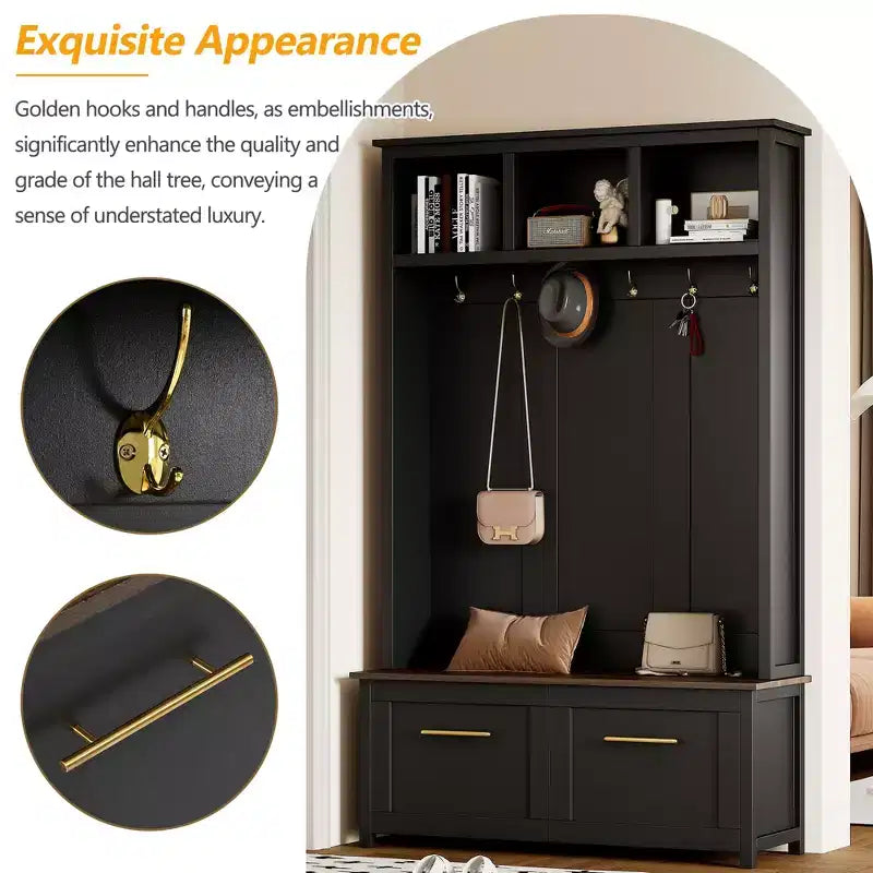 4-in-1 Hall Tree with 6 Gold Hooks, Wood Grain Bench & Shoe Cabinet Storage