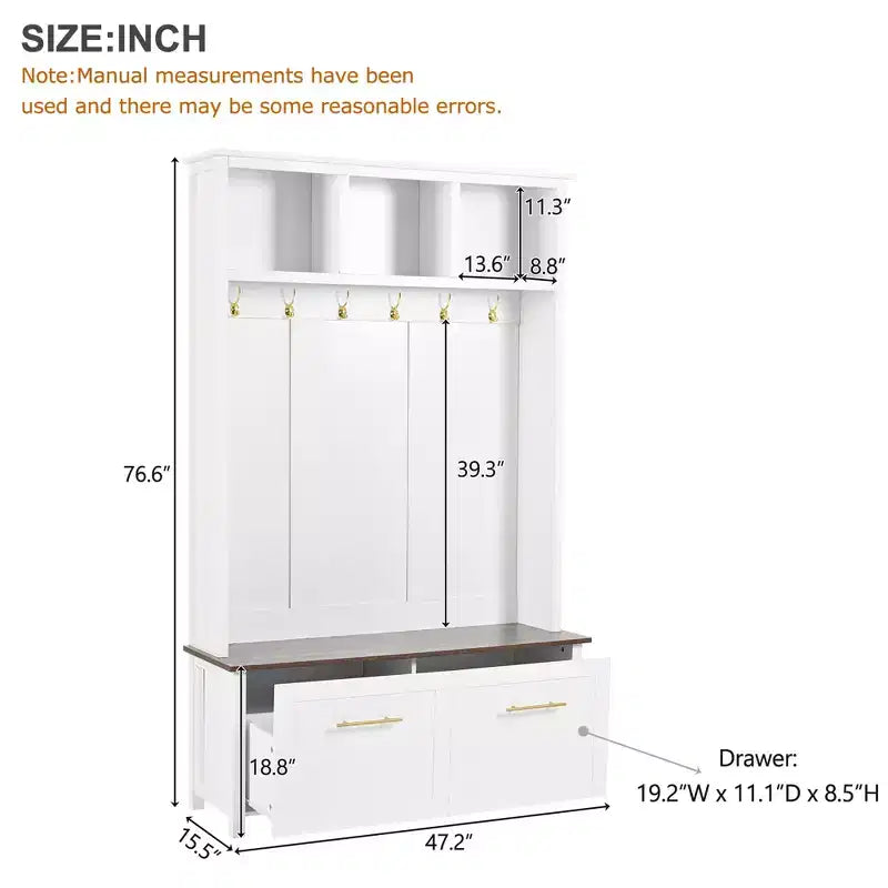 4-in-1 Hall Tree with 6 Gold Hooks, Wood Grain Bench & Shoe Cabinet Storage