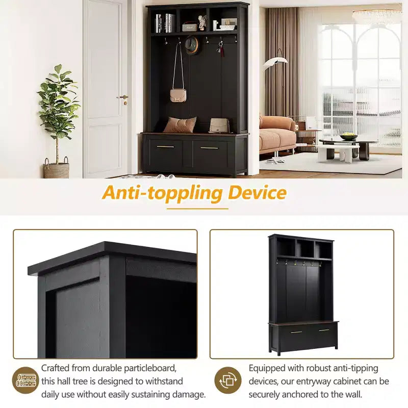 4-in-1 Hall Tree with 6 Gold Hooks, Wood Grain Bench & Shoe Cabinet Storage