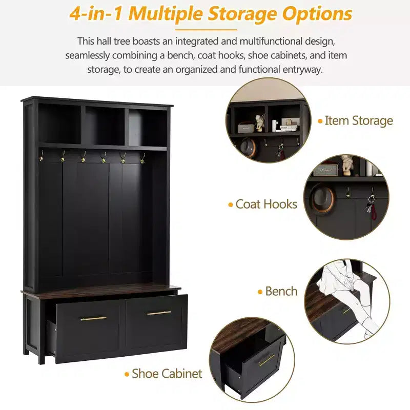 4-in-1 Hall Tree with 6 Gold Hooks, Wood Grain Bench & Shoe Cabinet Storage