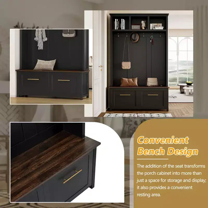 4-in-1 Hall Tree with 6 Gold Hooks, Wood Grain Bench & Shoe Cabinet Storage