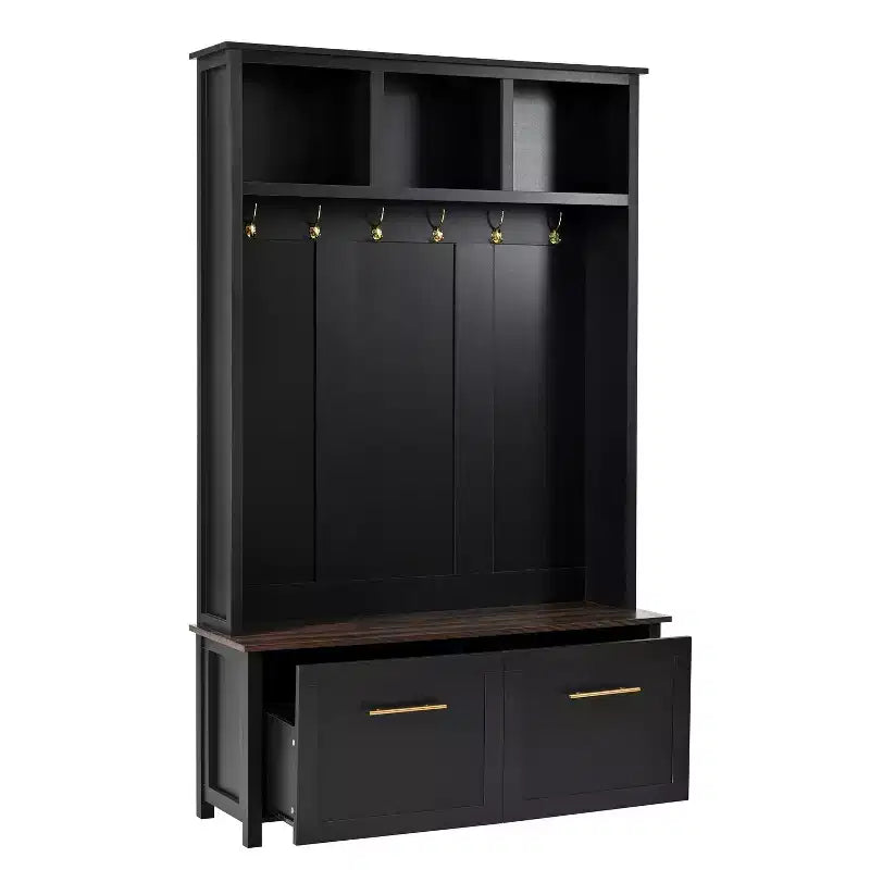 4-in-1 Hall Tree with 6 Gold Hooks, Wood Grain Bench & Shoe Cabinet Storage