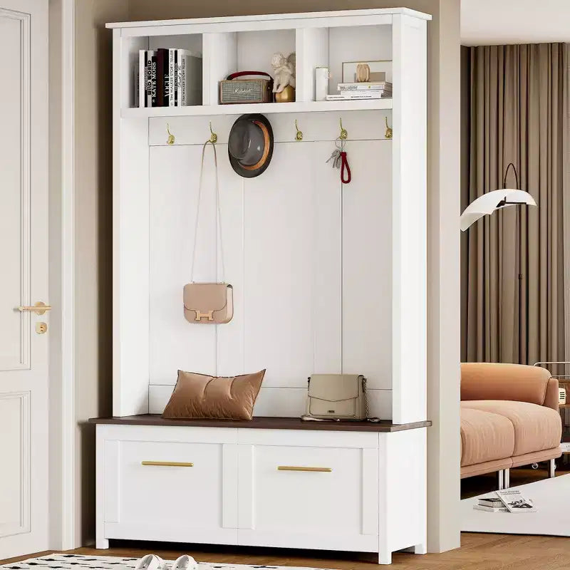 4-in-1 Hall Tree with 6 Gold Hooks, Wood Grain Bench & Shoe Cabinet Storage