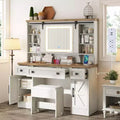 47.2" Farmhouse Makeup Vanity Desk with Sliding Mirror & LED Lights — Antique White