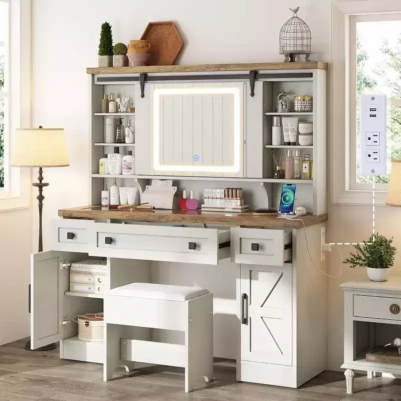 47.2" Farmhouse Makeup Vanity Desk with Sliding Mirror & LED Lights — Antique White