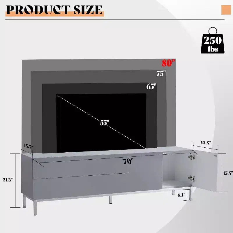 70" High Gloss LED TV Stand for TVs up to 80" — Entertainment Center with Drawers & Cabinet