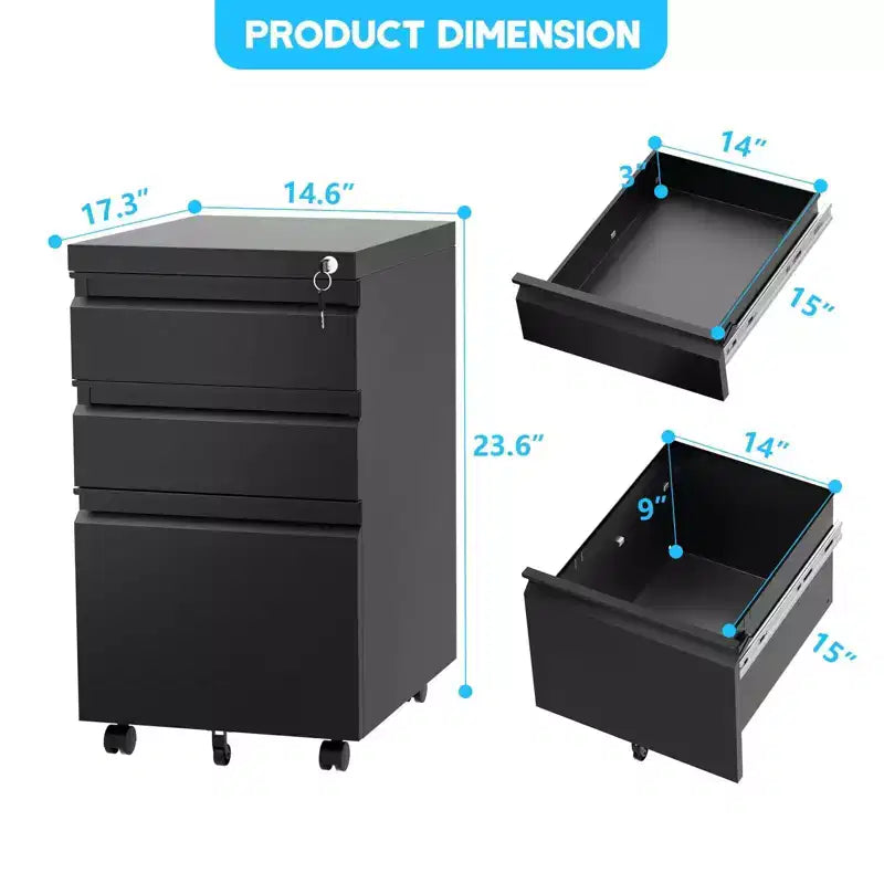 3-Drawer Mobile File Cabinet for Home Office Under Desk Storage with Locking Keys for Legal/Letter/A4 Files