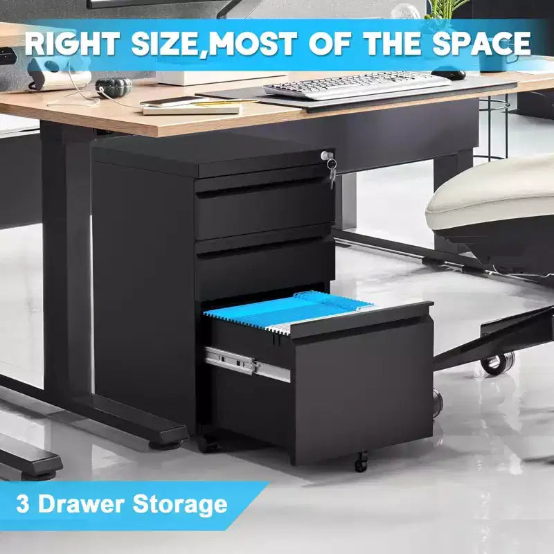 3-Drawer Mobile File Cabinet for Home Office Under Desk Storage with Locking Keys for Legal/Letter/A4 Files