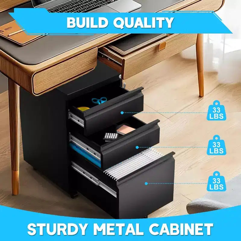 3-Drawer Mobile File Cabinet for Home Office Under Desk Storage with Locking Keys for Legal/Letter/A4 Files