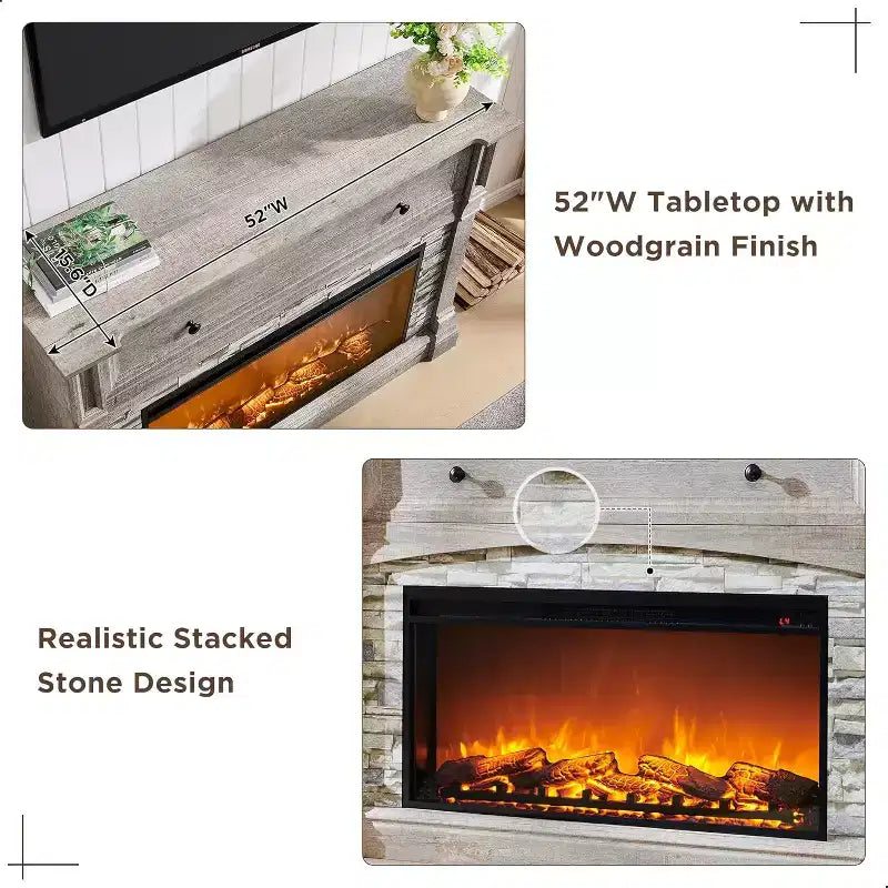 52" Fireplace TV Stand with Hidden Flip-Top Storage, Remote Control & 3D Flame Effect