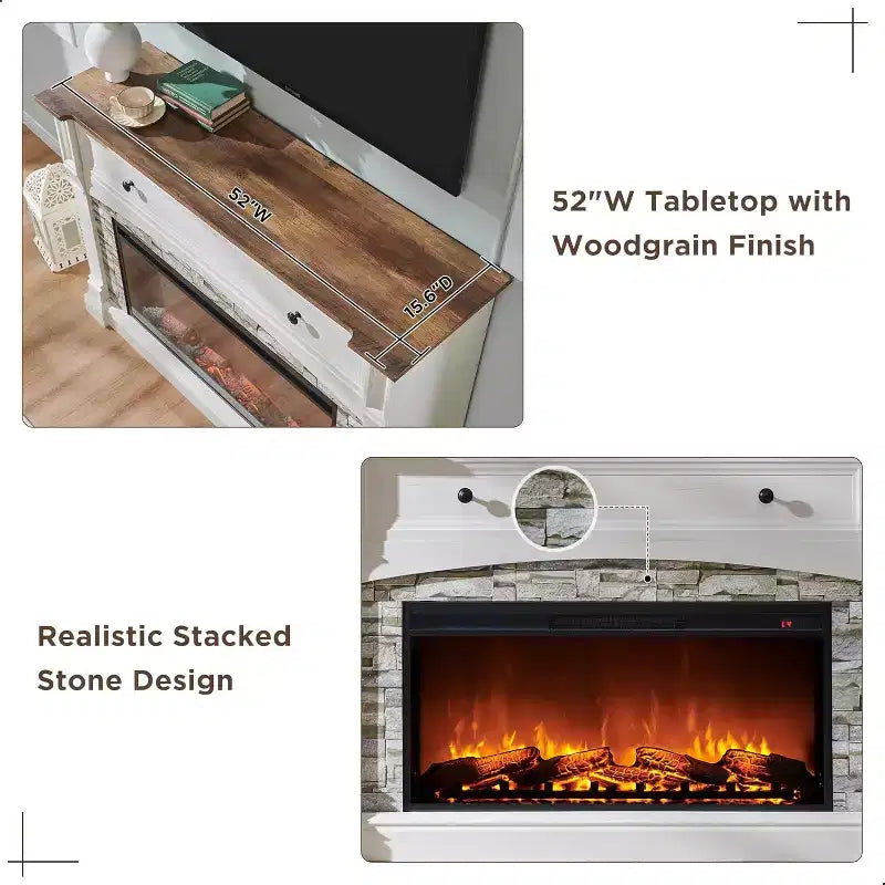 52" Fireplace TV Stand with Hidden Flip-Top Storage, Remote Control & 3D Flame Effect